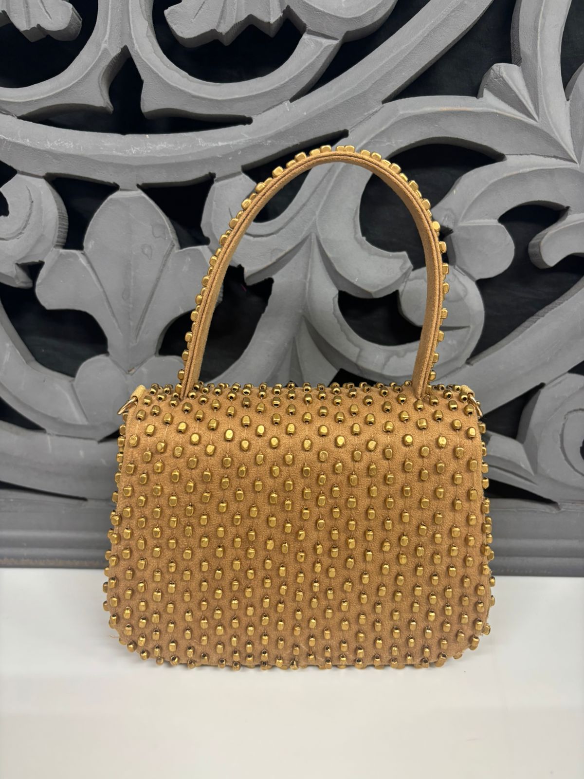 Camel Gold Studded Flap Bag