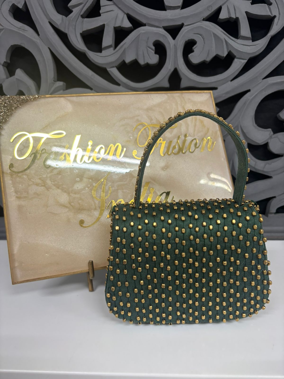 Green Gold Studded Flap Bag