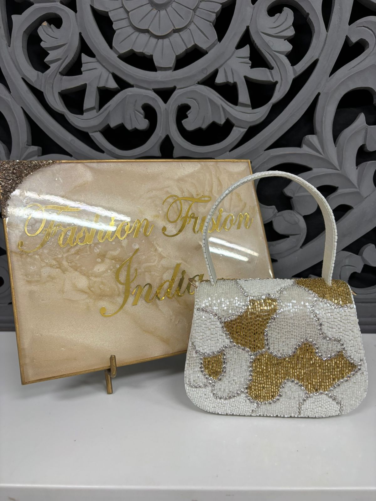White Gold Beaded Flap Bag