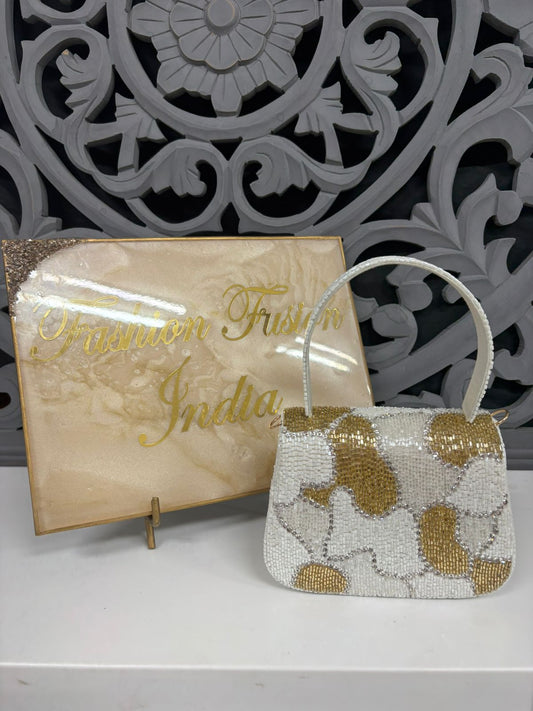 White Gold Beaded Flap Bag