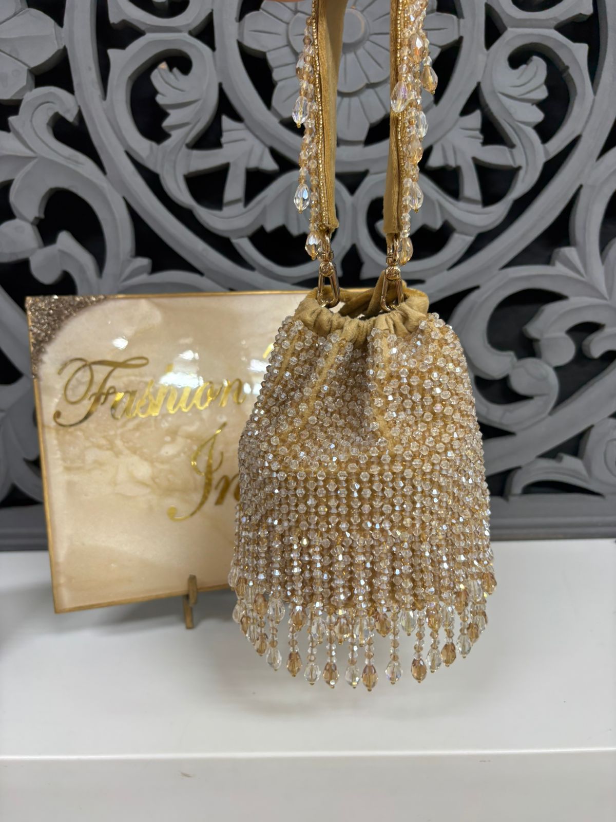 Golden Crystal Velvet Potli Bag