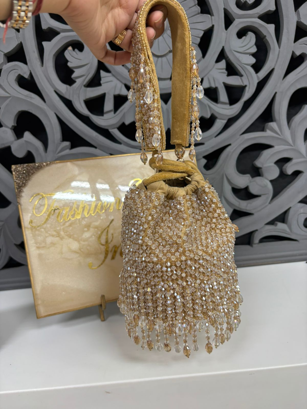 Golden Crystal Velvet Potli Bag