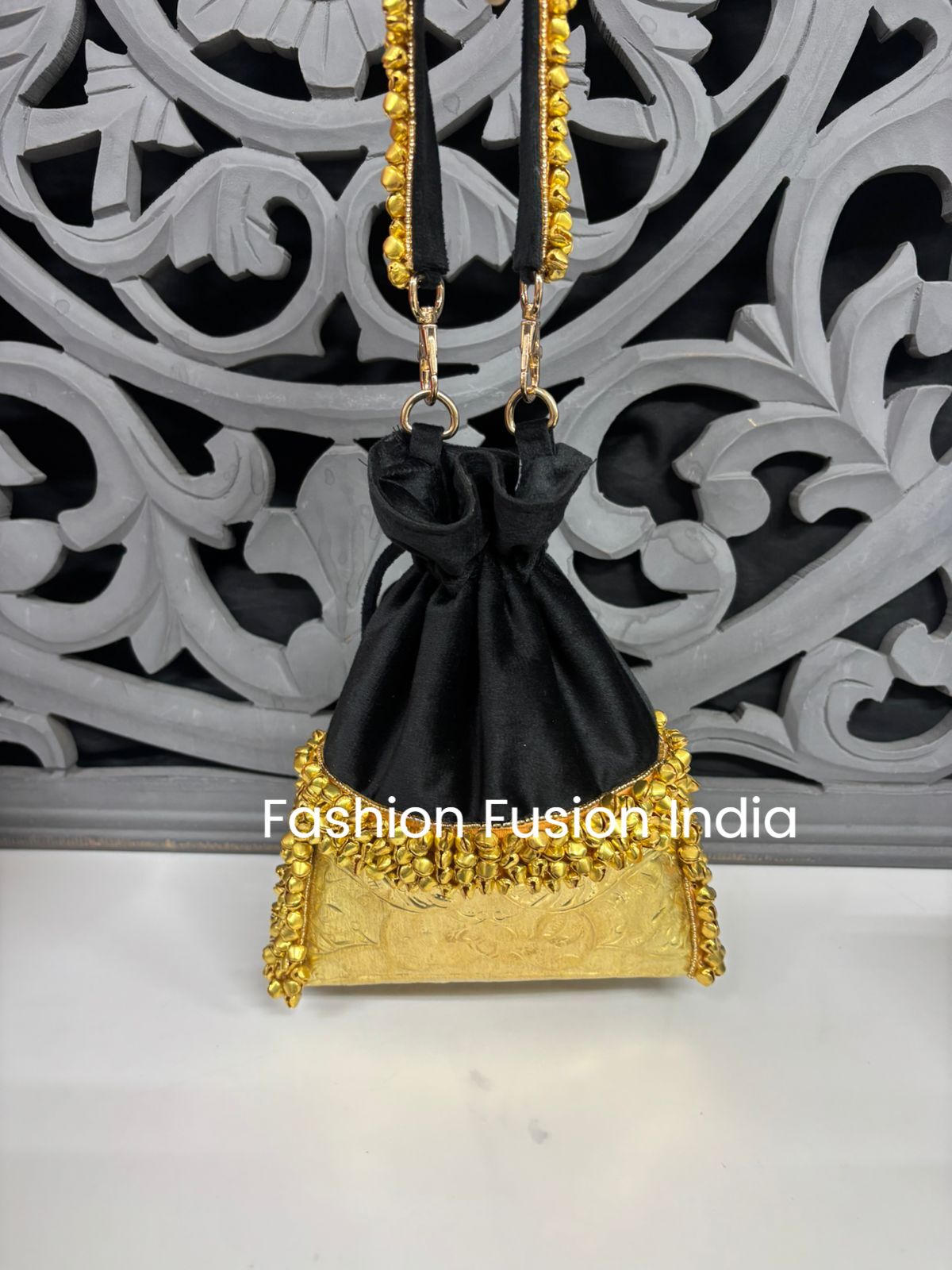 Black Velvet Metal Potli Bag With Ghungroo