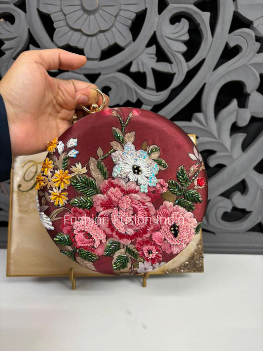 Elegant Wine Floral Embroidered Clutch Bag | Designer Party & Wedding Handbag