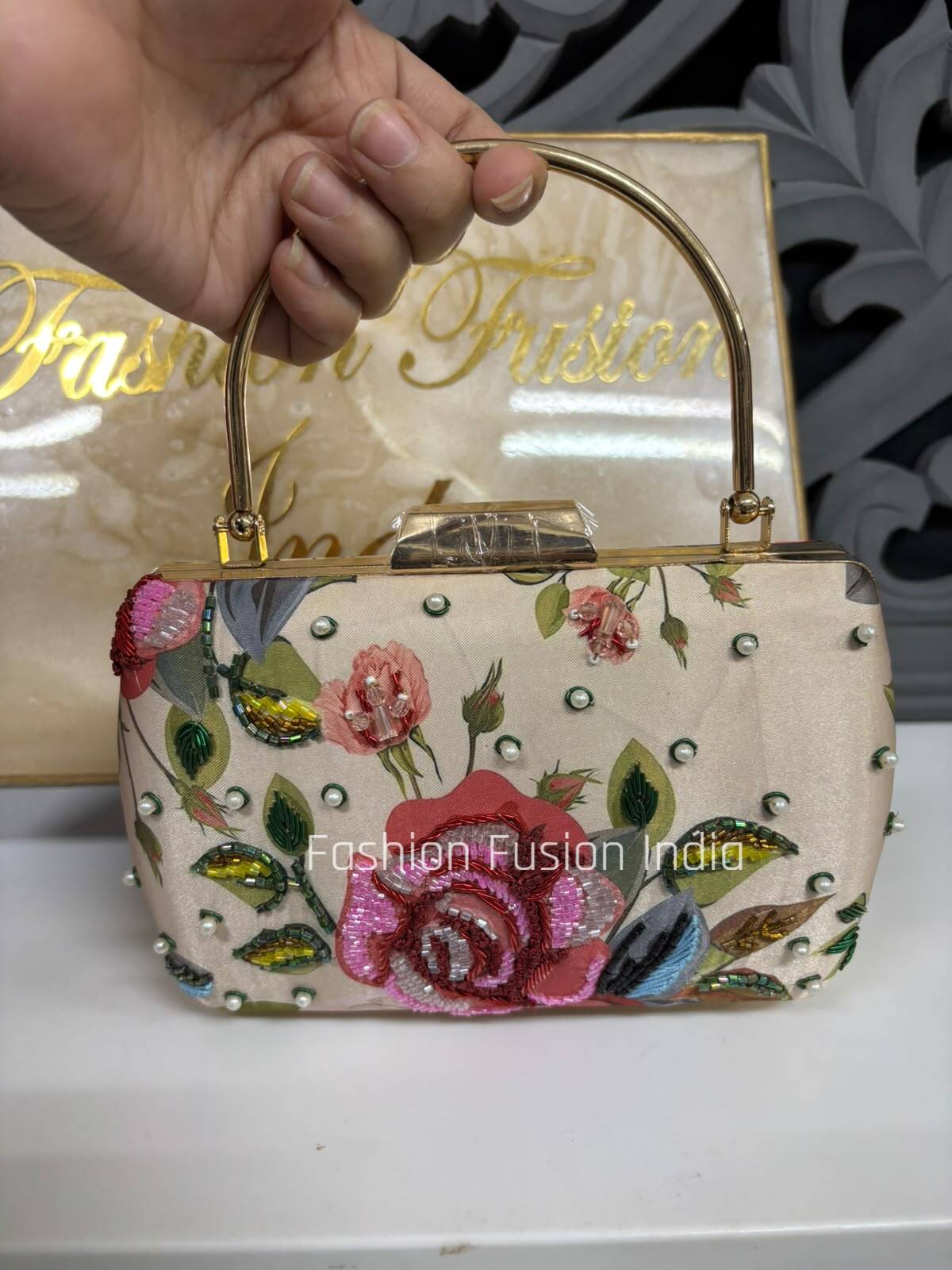 Luxury Floral Embroidered Top Handle Clutch Bag for Women |Designer  Party Handbag