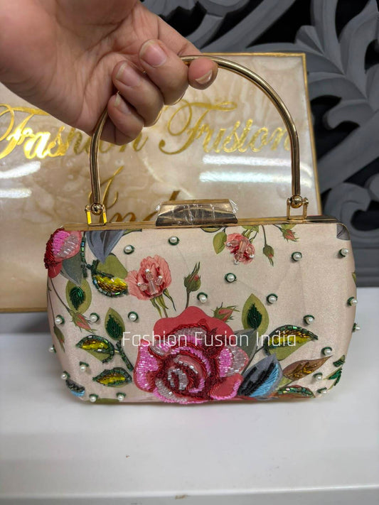Luxury Floral Embroidered Top Handle Clutch Bag for Women |Designer  Party Handbag