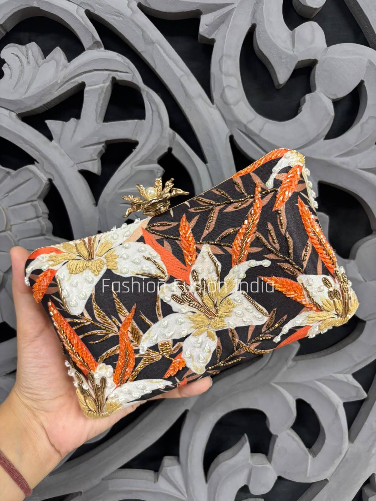 Black Digital Print Embroidered Clutch Bag for Women | Luxury Floral Party Clutch
