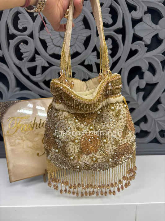 White & Gold Embroidered Potli Bag | Designer Potli Bag