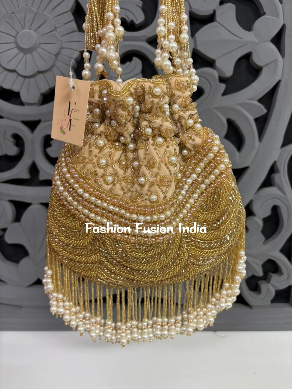 Embellished Pearl Beaded Potli Bag – Luxurious Handmade Bridal & Festive Potli Purse by Fashion Fusion India