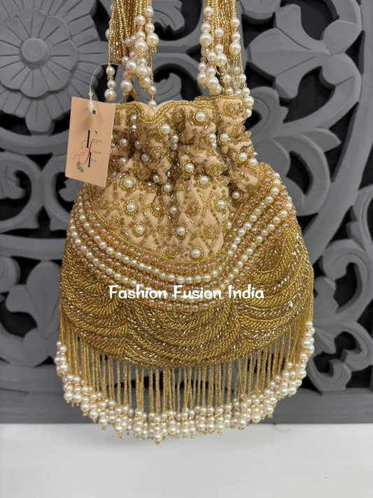Embellished Pearl Beaded Potli Bag – Luxurious Handmade Bridal & Festive Potli Purse by Fashion Fusion India
