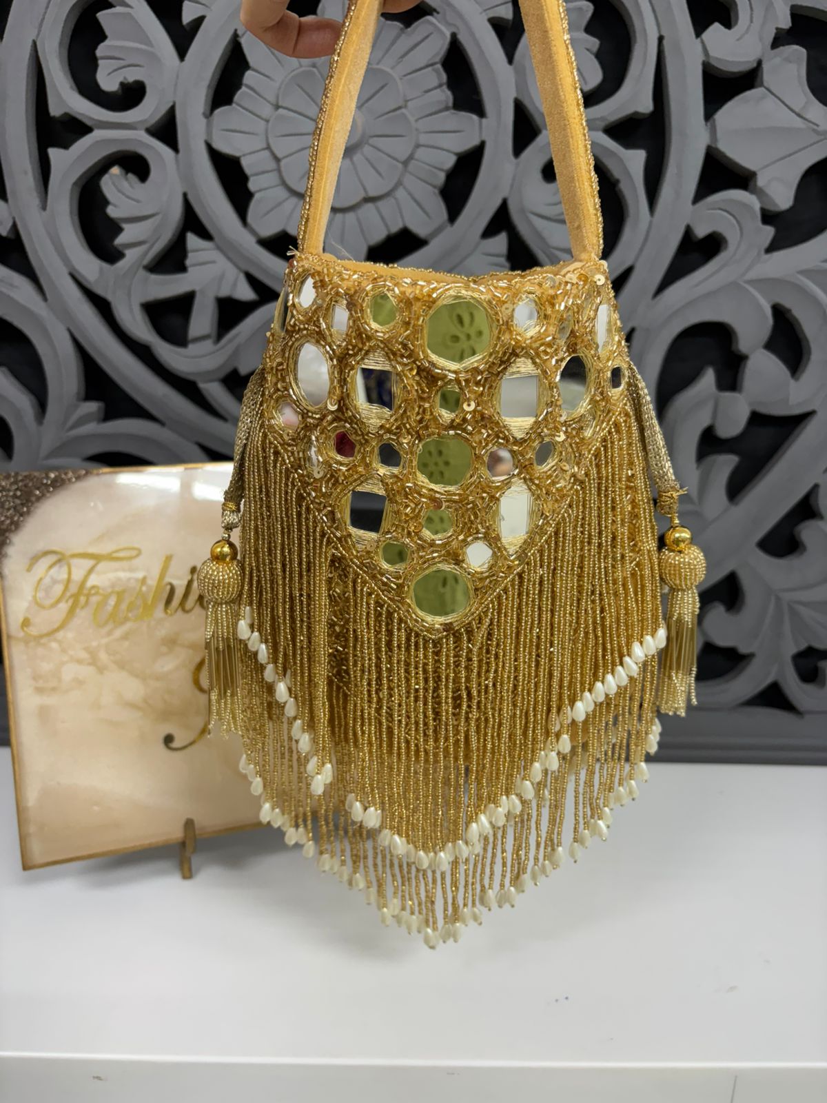 Gold Mirror Work Pearl Fringe Potli Bag