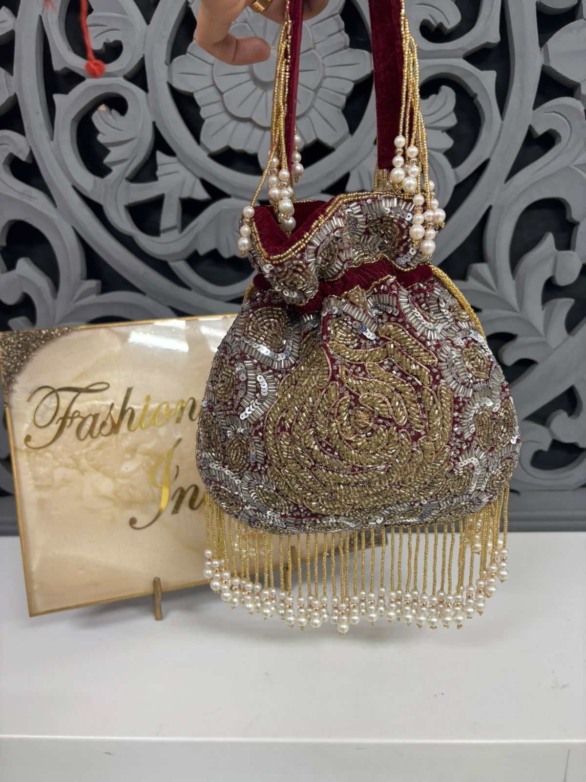 Flower Pattern Sequin Embroidered Maroon Potli Bags