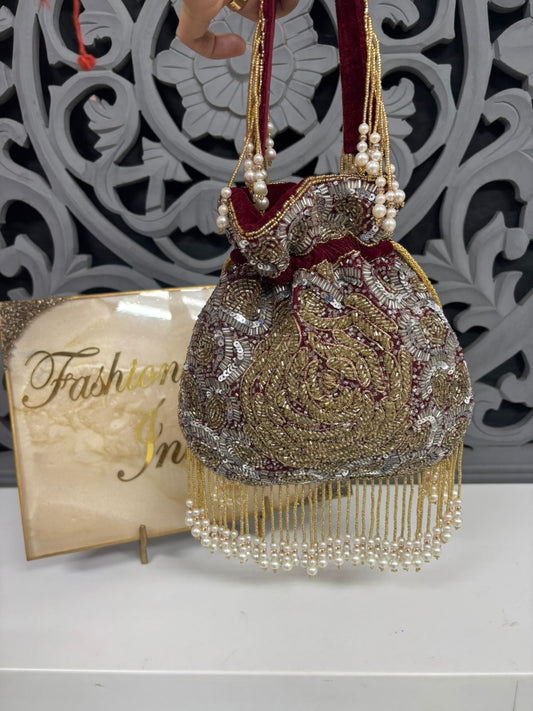 Flower Pattern Sequin Embroidered Maroon Potli Bags
