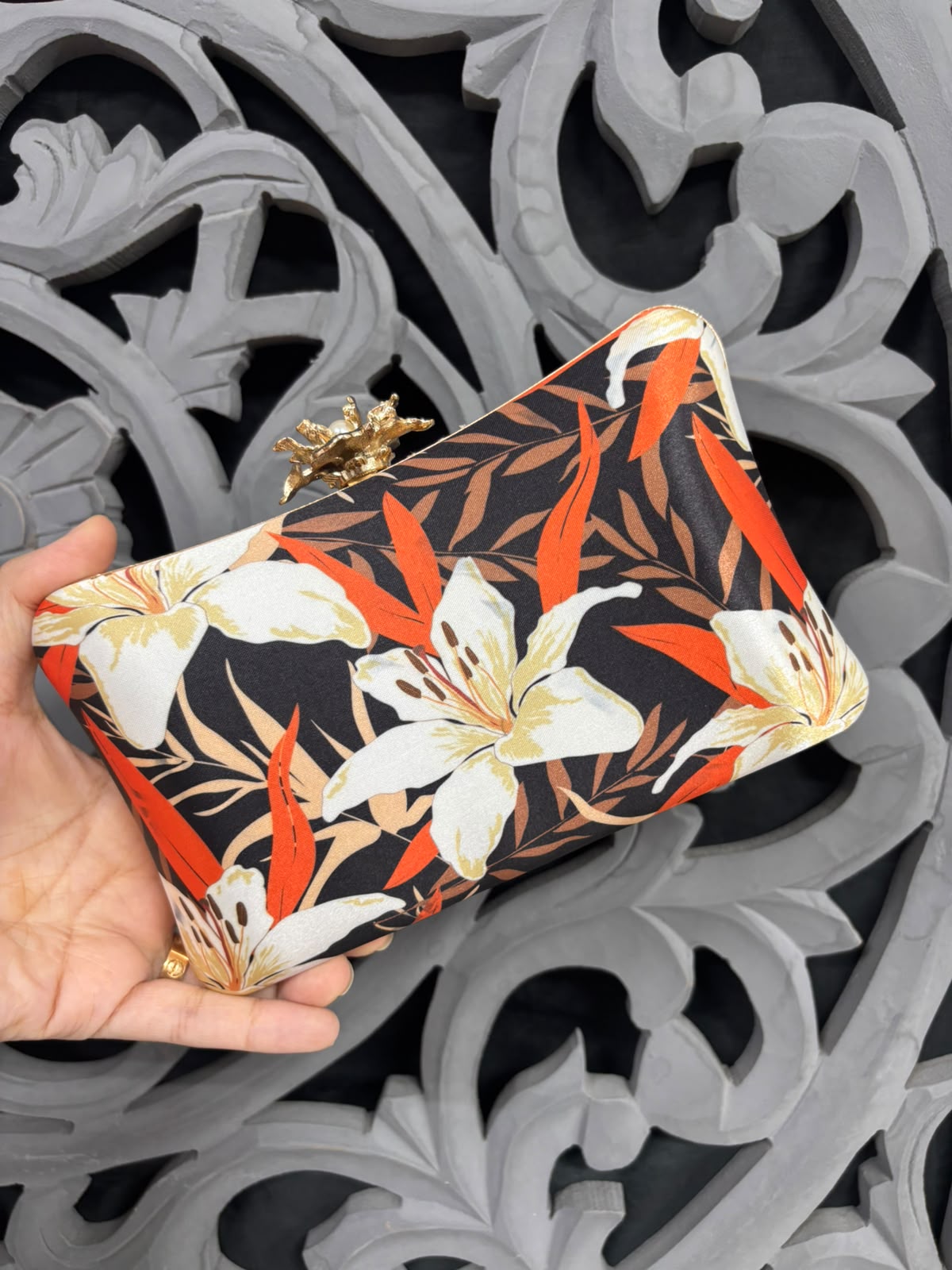 Black Digital Print Embroidered Clutch Bag for Women | Luxury Floral Party Clutch