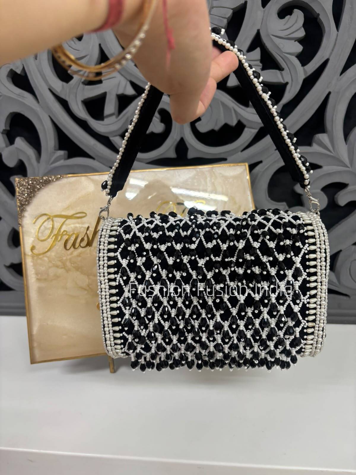 Designer Black Beaded Flap Bag | Pearl Handle Women's Handbag