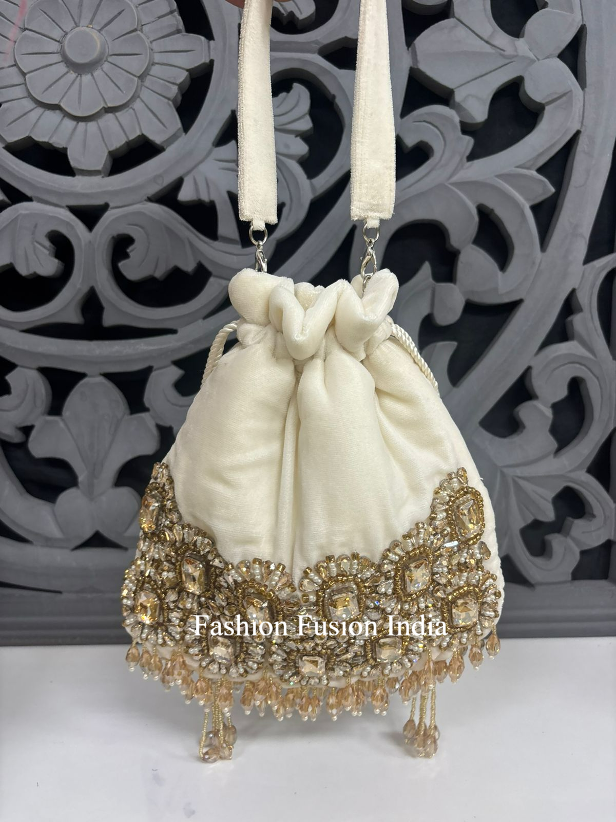 White Velvet Embroidered Potli Bag