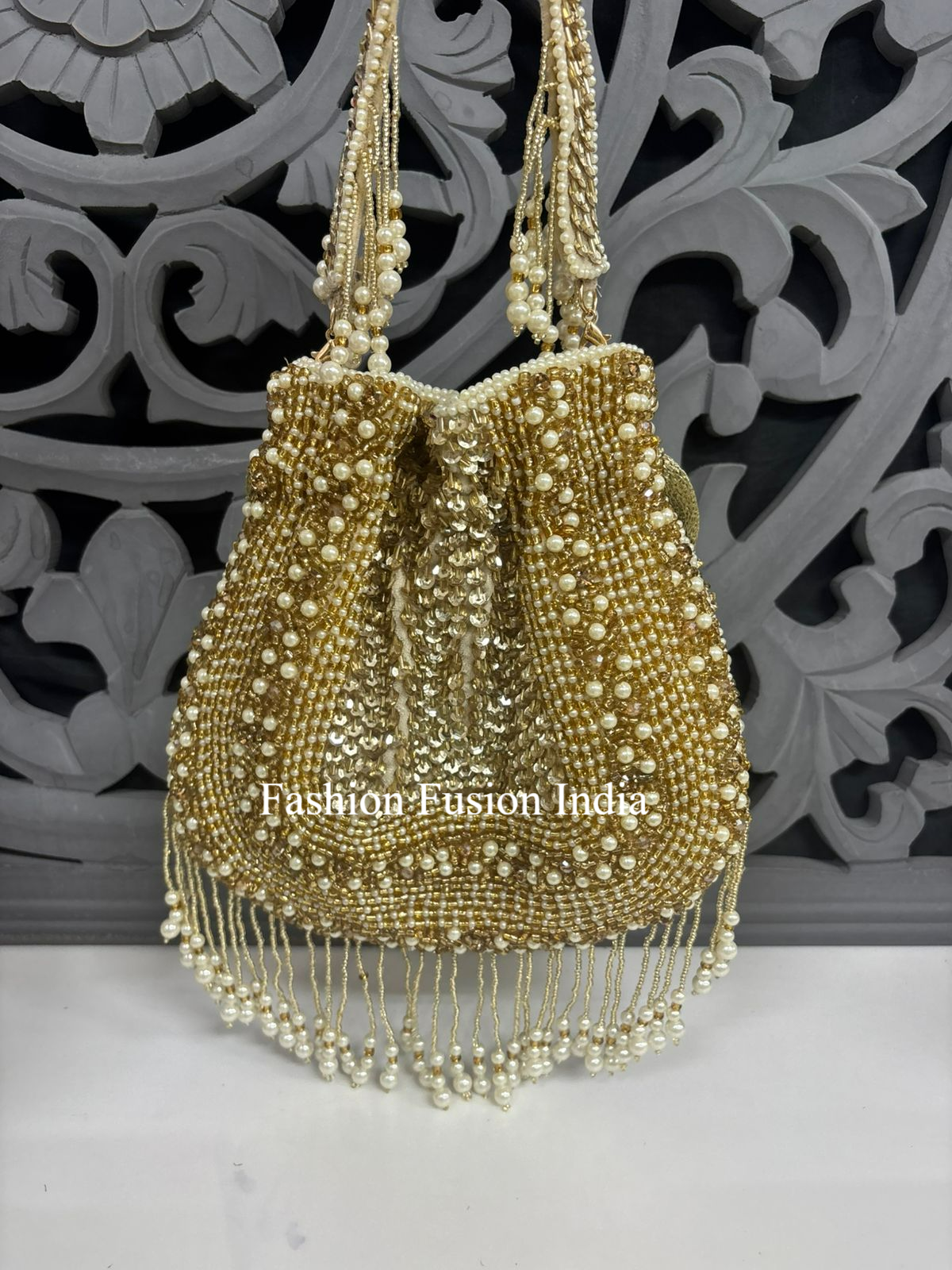 OFF White Golden Pearl Beaded Potli Bag | Fashion Fusion India