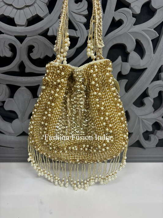 Off White Golden Pearl Beaded Potli Bag | Fashion Fusion India