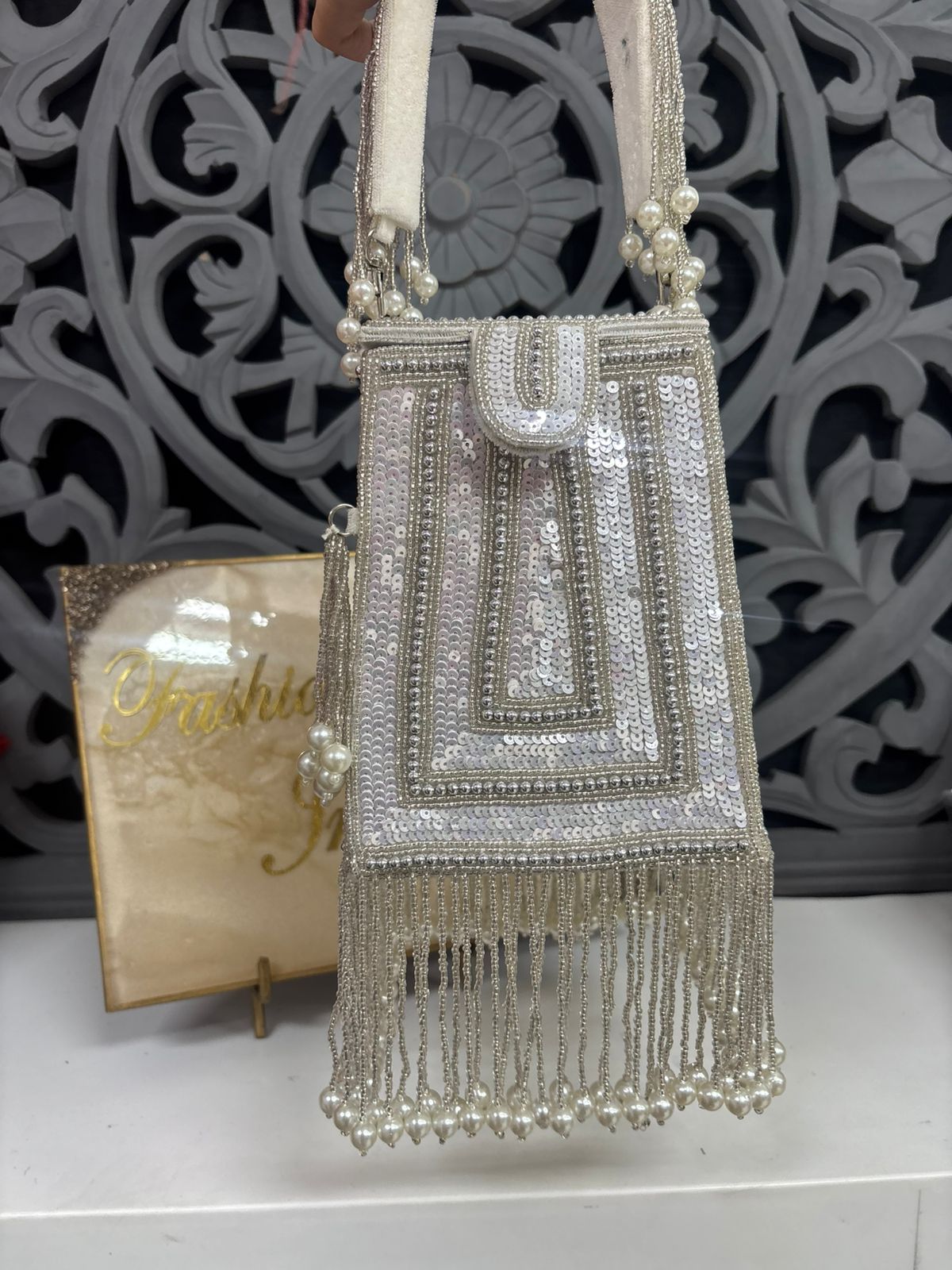 White Sequin Pearl Tassel Box Clutch Bag for Women