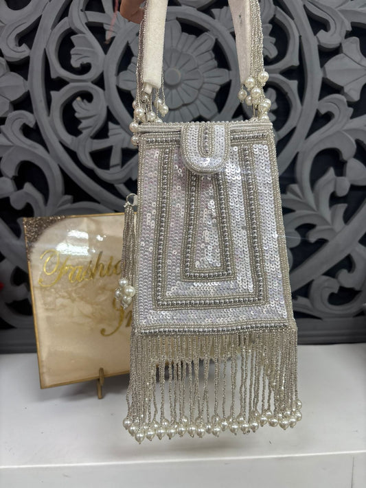 White Sequin Pearl Tassel Box Clutch Bag for Women
