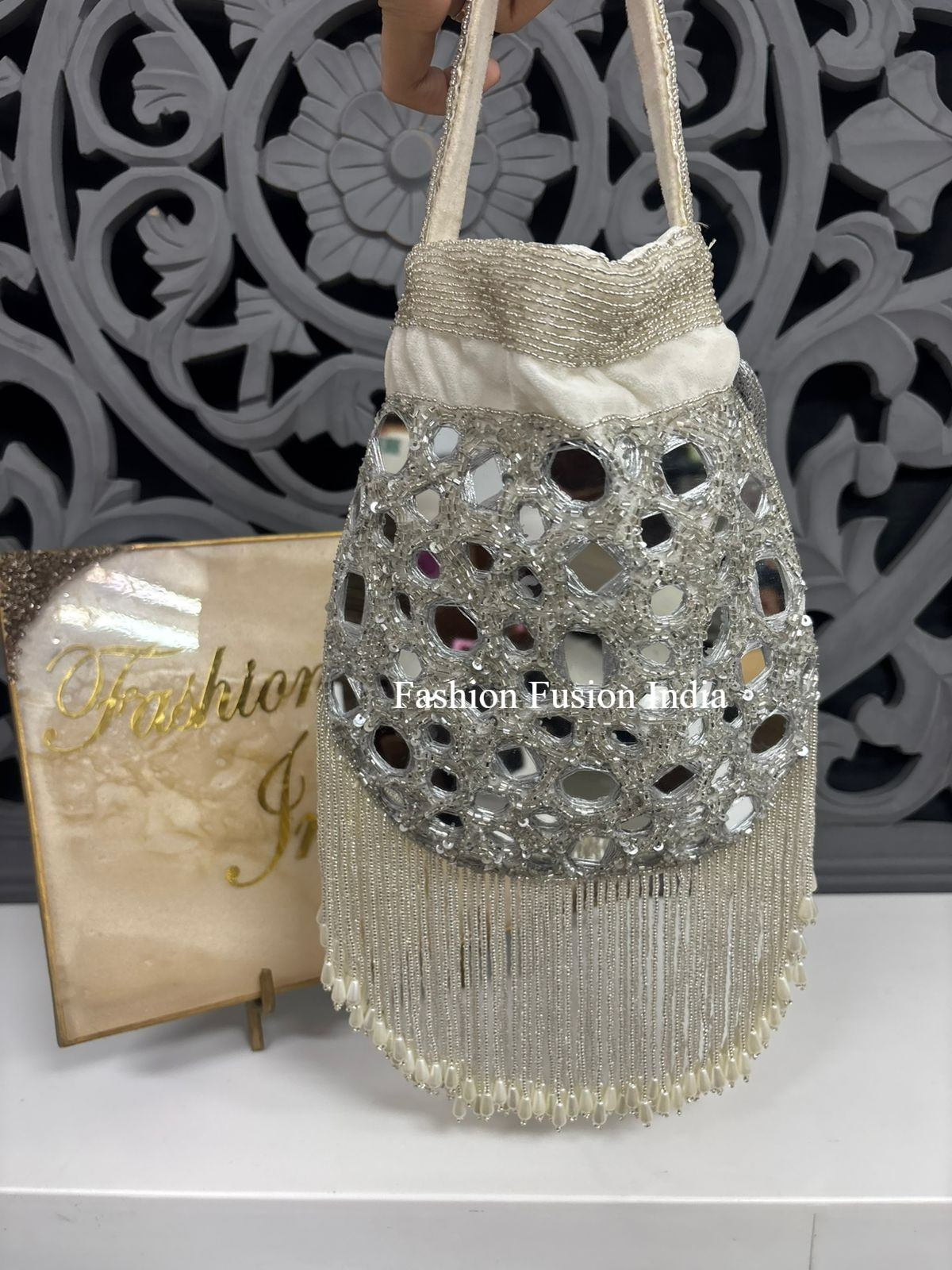 White Mirror Work Potli Bag for Women