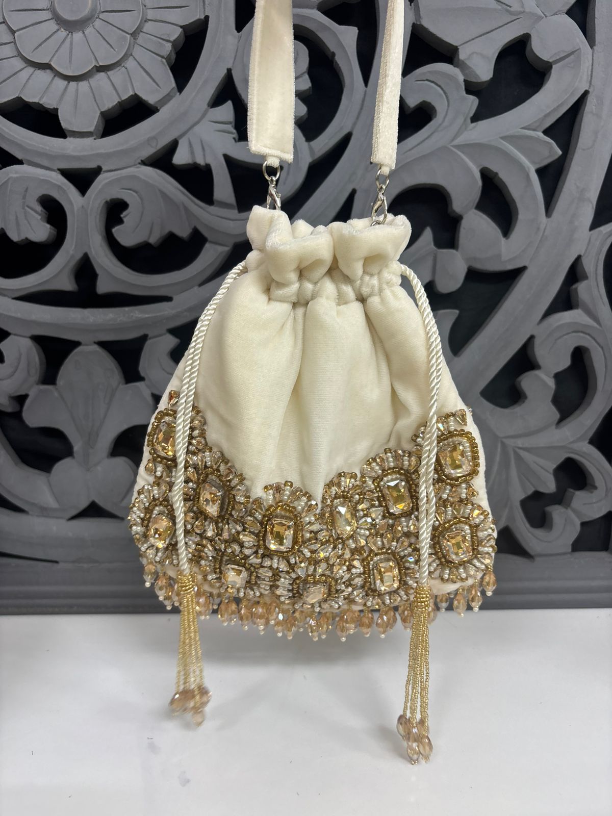 White Velvet Embroidered Potli Bag