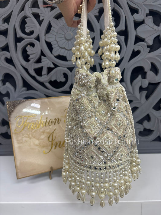 White Pearl Mirror handcrafted Potli Bag |