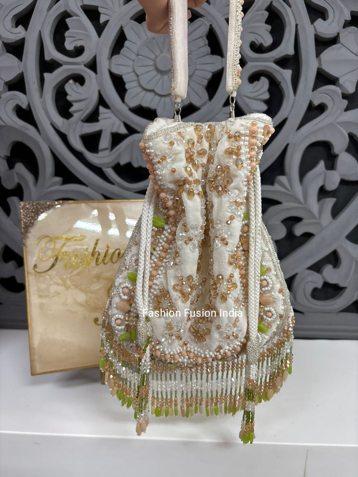 White Crystal Embroidered Bridal Potli Bag | Fashion Fusion India