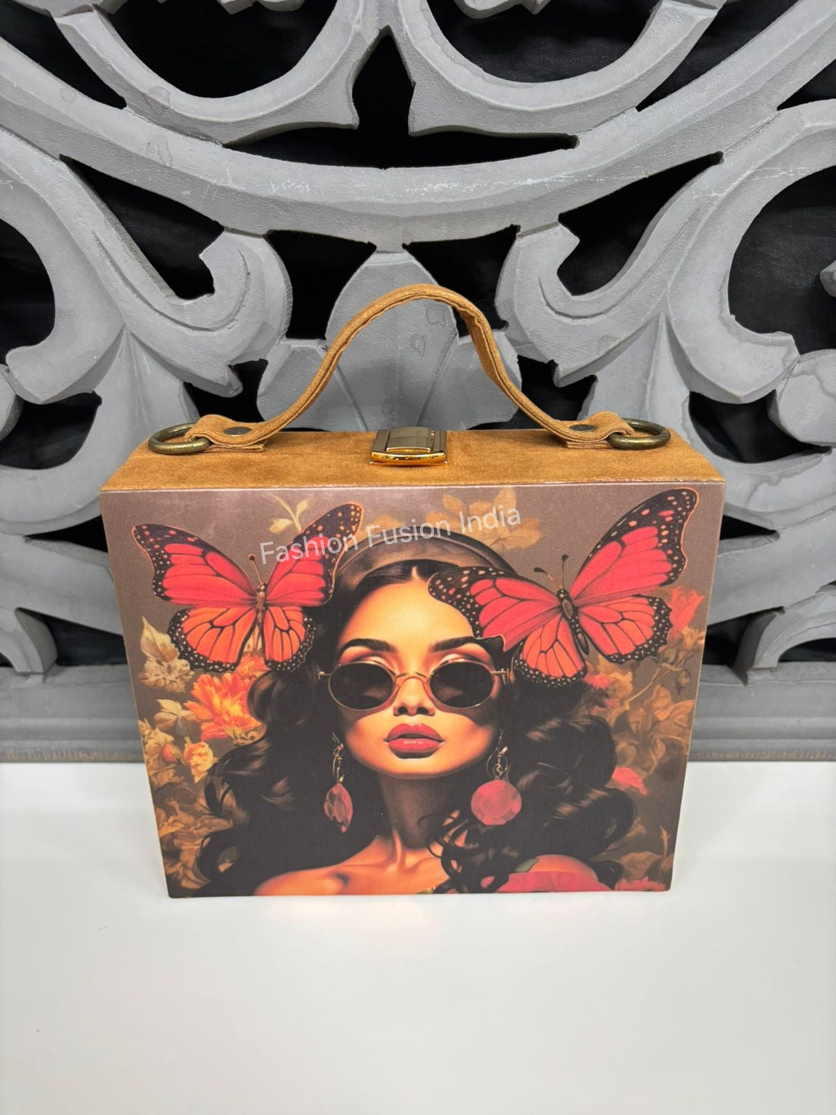 clutch bag with stylish woman and butterfly print design.