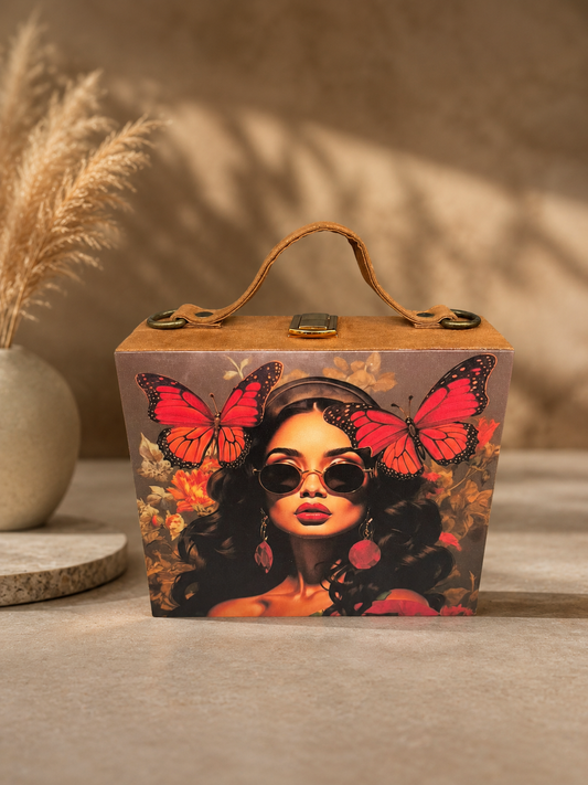 clutch bag with butterfly art in a professional studio background.