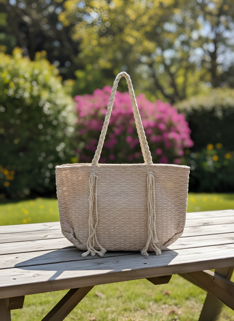 Woven basket with handles on a wooden table outdoors