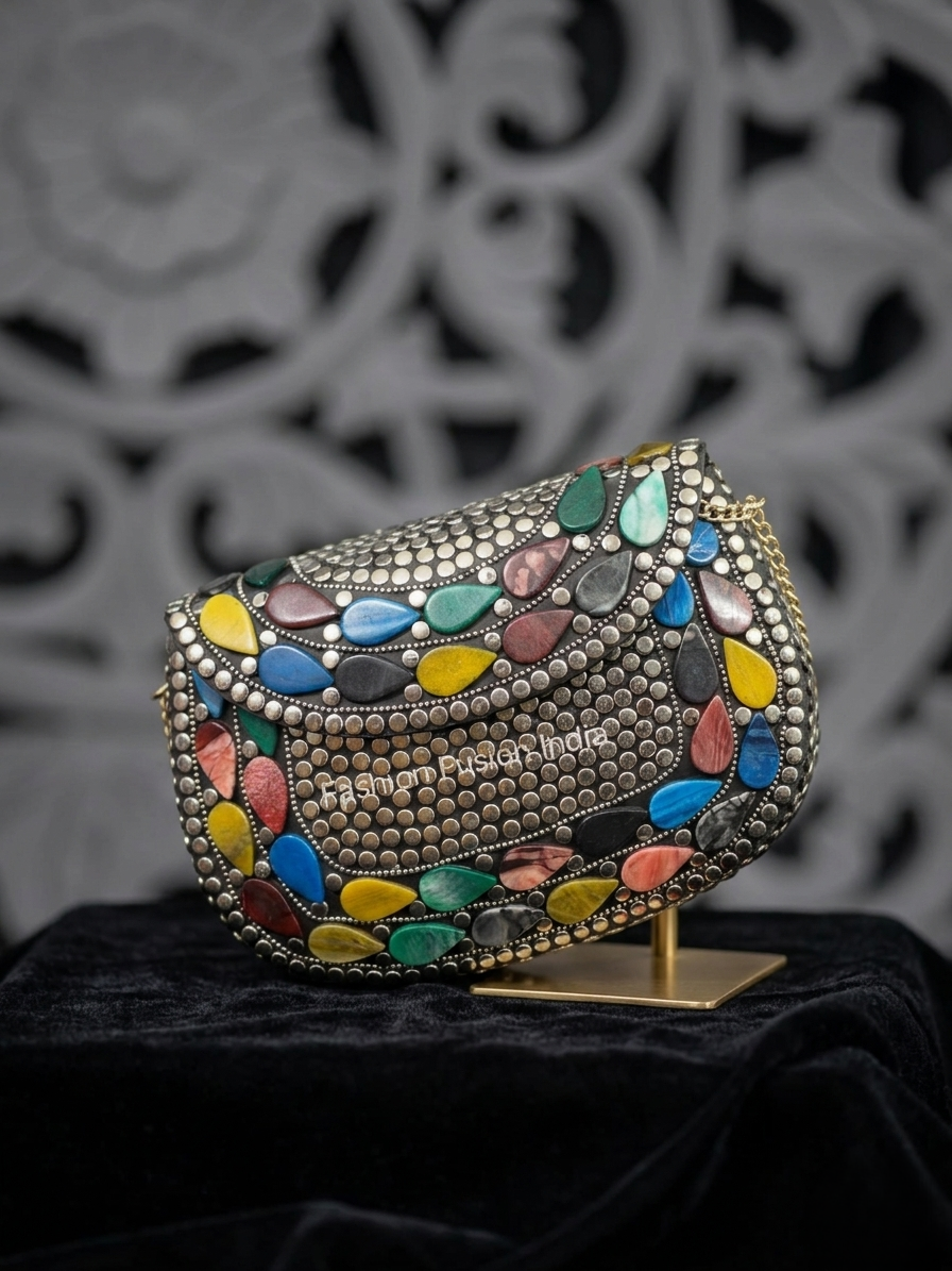 Decorative clutch with colorful stones on a stand against a decorative black background
