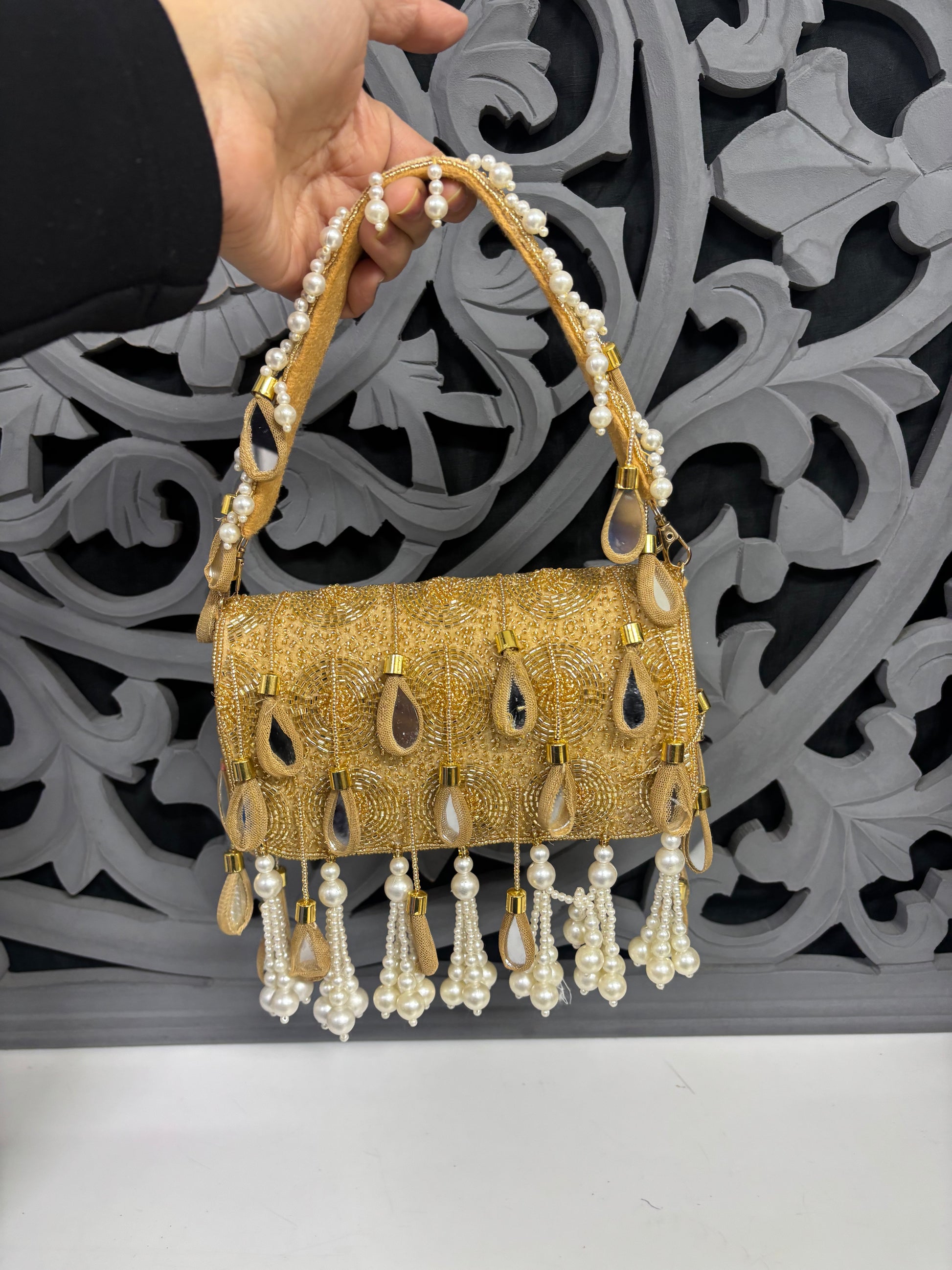 Gold beaded embroidered flap clutch bag with teardrop embellishments and pearl fringe, designer festive clutch for wedding and party wear