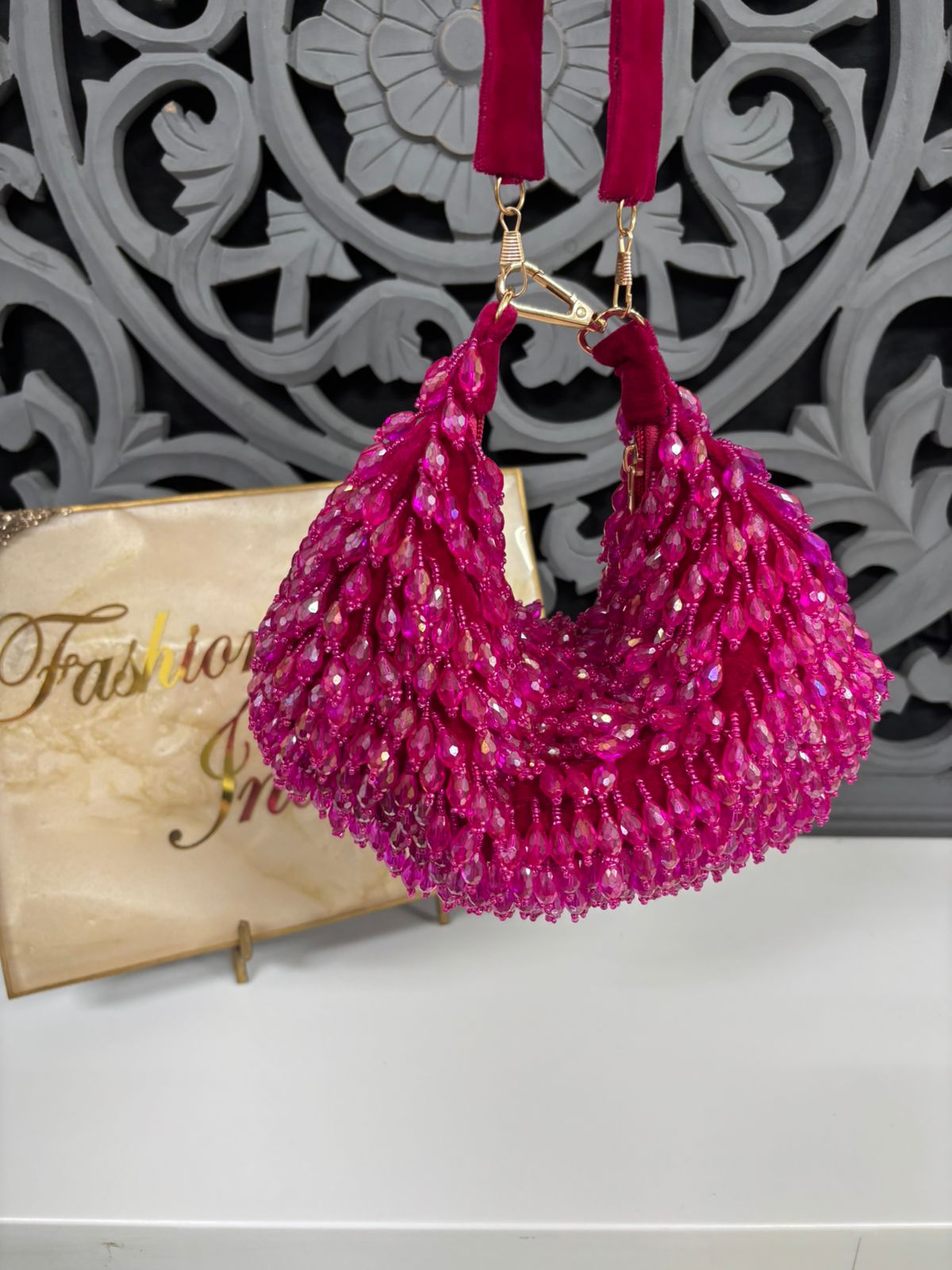 Pink Crystal Fringe Clutch Bag By Fashion Fusion India