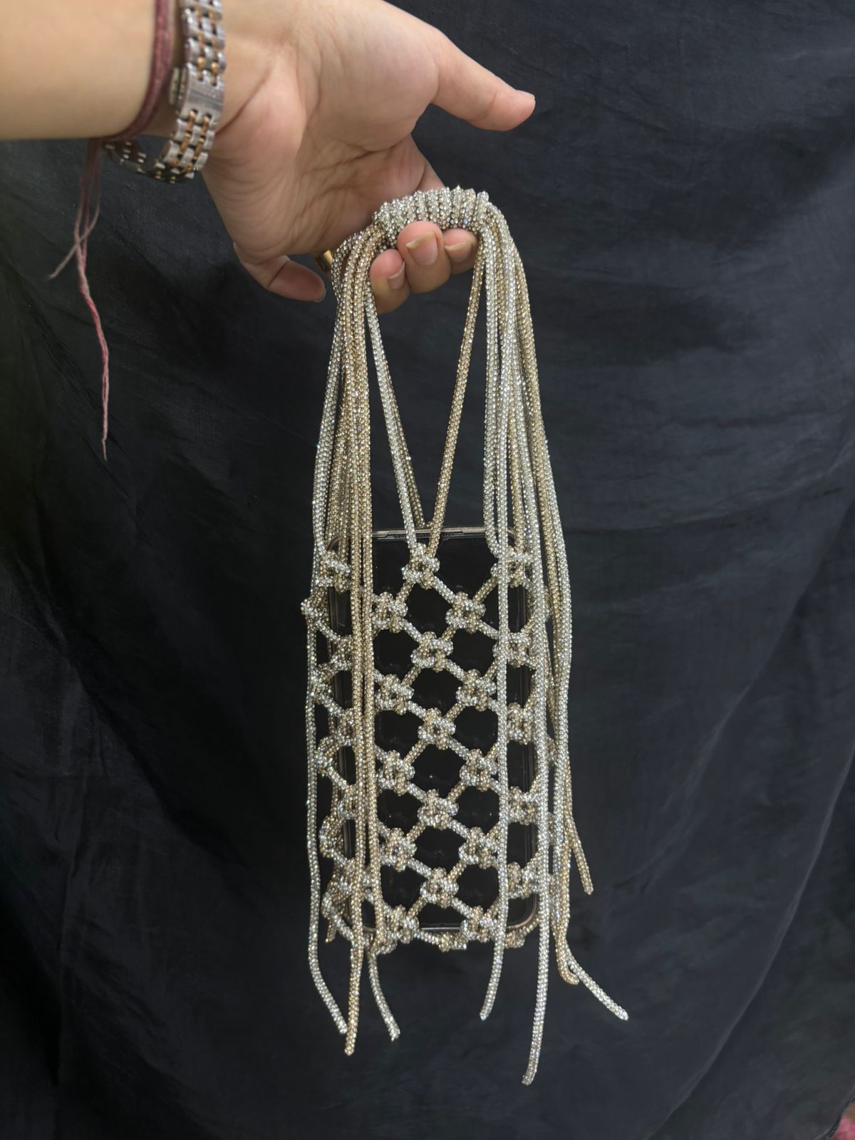 Silver & Gold Rhinestone Mobile Sling Bag for Women
