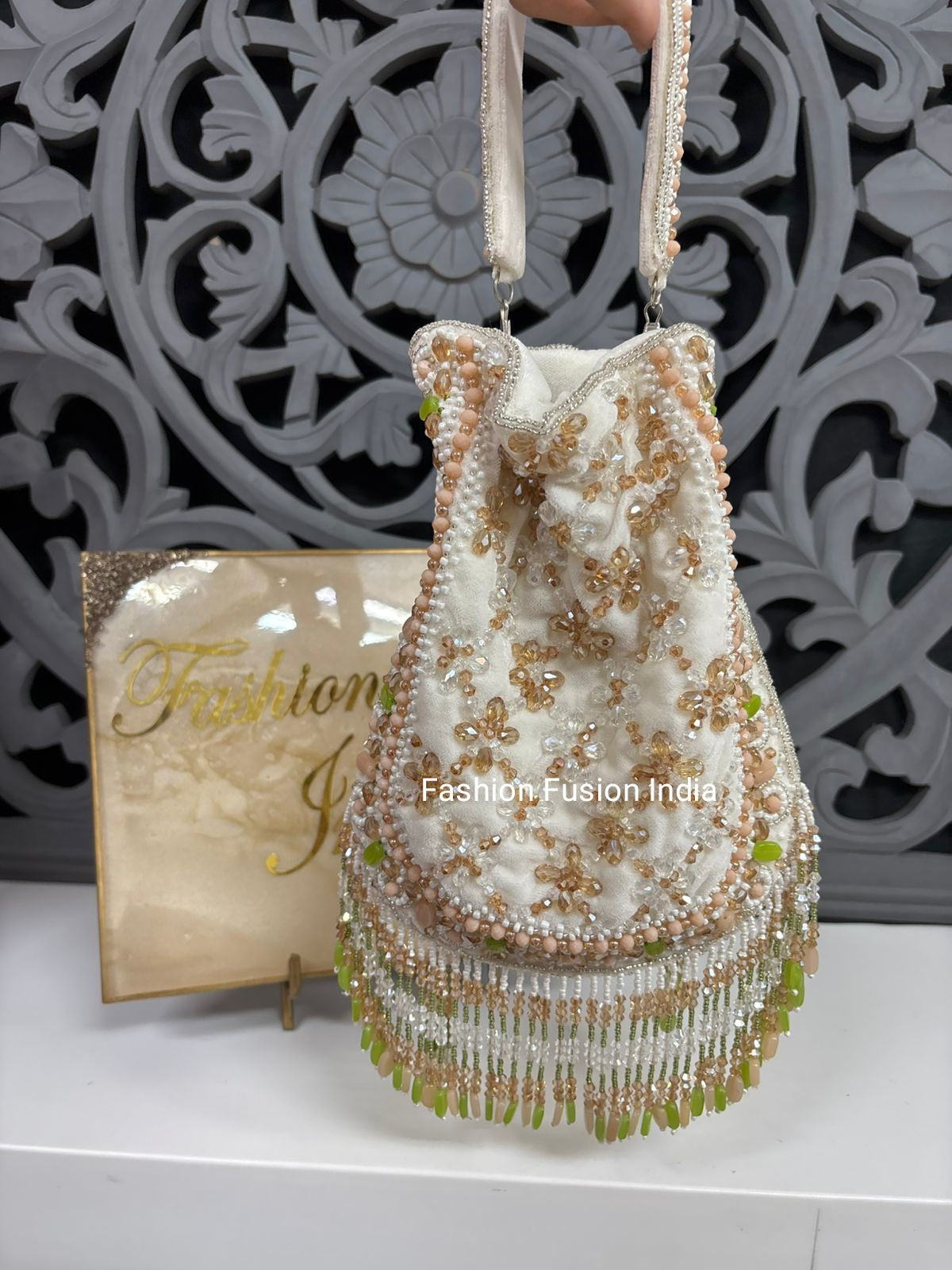 White Crystal Embroidered Bridal Potli Bag | Fashion Fusion India